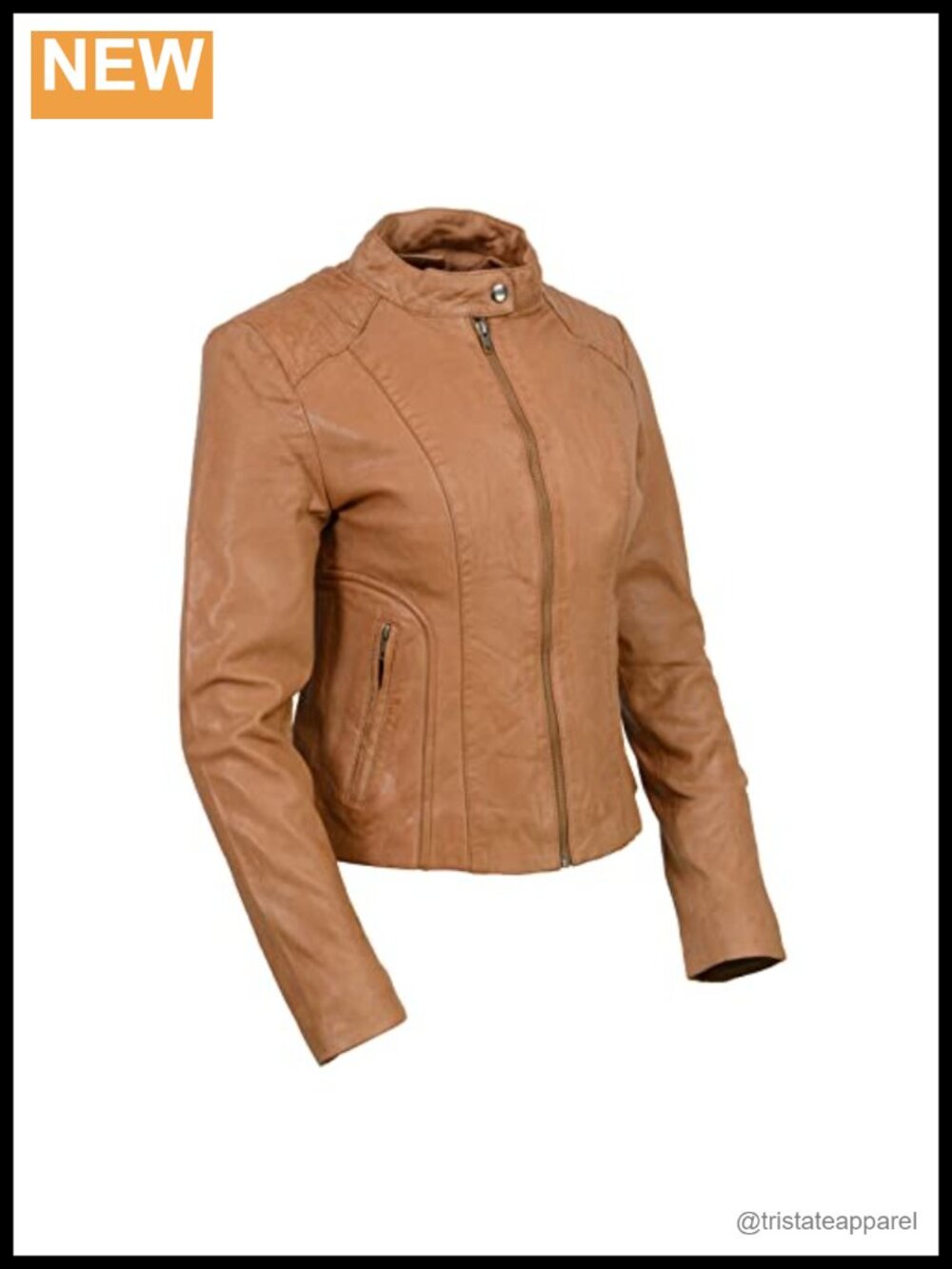 Women's Moto Style Sheep Veg Tan Leather Jacket with Zipper Front